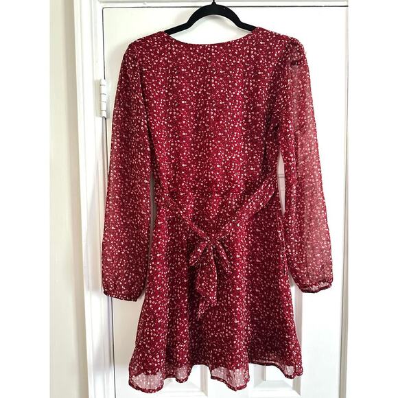ABERCROMBIE & FITCH Dark Red Ditsy Floral Button V-Neck Tie-Back Dress - Sz S - Picture 2 of 5